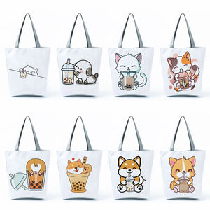 Cartoon Milk Tea Print Tote Bag Eco Friendly Shopping Beach Travel Shoulder Bag
