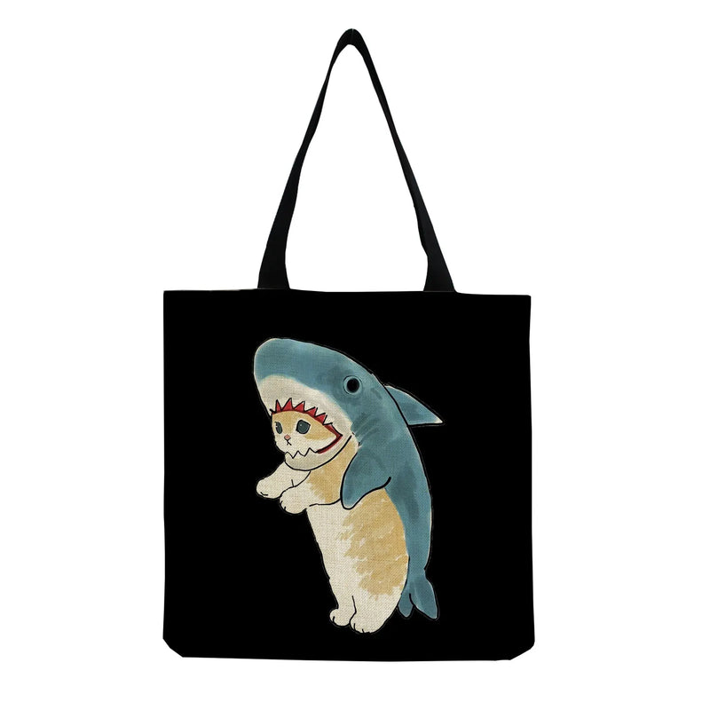 Animal Print Eco Reusable Shoulder Bag Women's Tote Cat Shark Design
