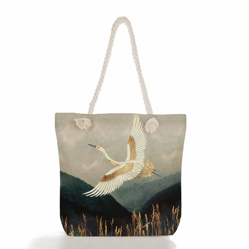 Reusable Crane Beach Tote Bag Japanese Ukiyoe Linen Handbag