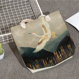 Reusable Crane Beach Tote Bag Japanese Ukiyoe Linen Handbag