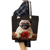 Pug Dog Print Eco Reusable Storage Handbag, Grocery Tote Shoulder Bag