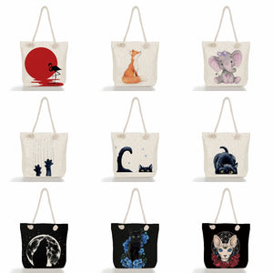 Cat Print Linen Tote Bag Women's Eco-Friendly Shoulder Handbag