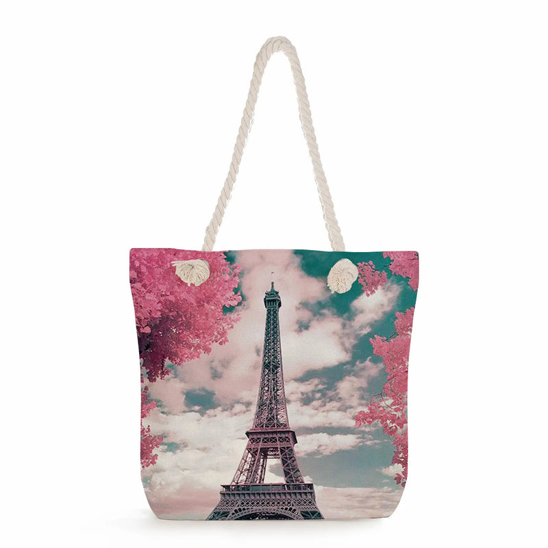 Eiffel Tower Print Handbags High Capacity Travel Beach Bag Women Totes