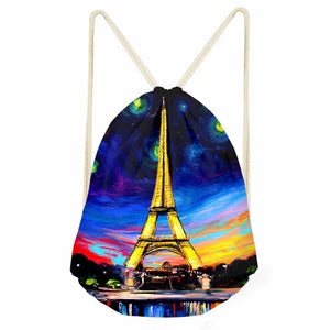 Eiffel Tower Drawstring Bag Women School Backpack