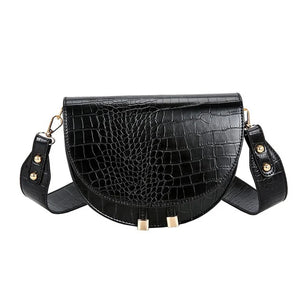 Crocodile Pattern Crossbody Bag For Women Half Round Solid Pu Leather Handbag