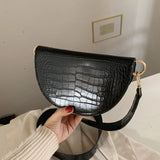 Crocodile Pattern Crossbody Bag For Women Half Round Solid Pu Leather Handbag