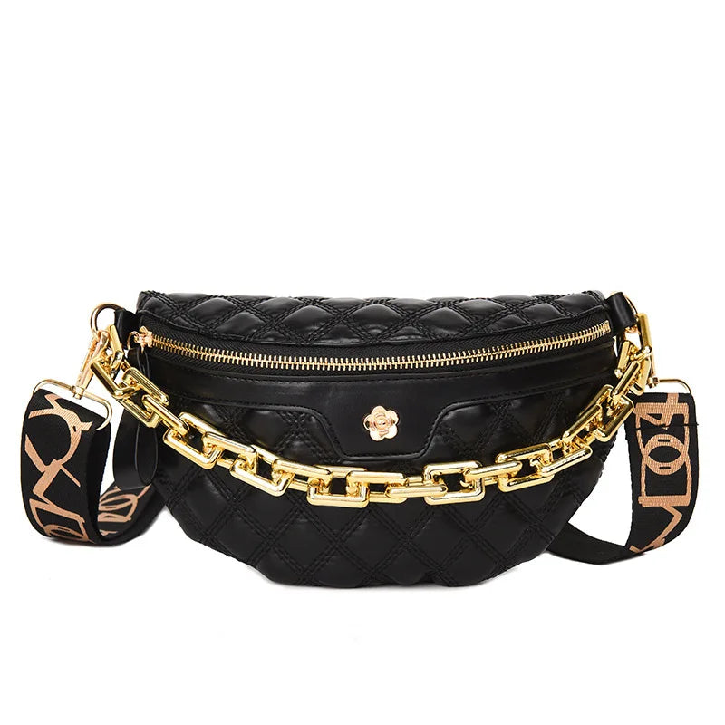 Diamond Lattice PU Chain Waist Bag For Women Stylish Applique Waist Pack