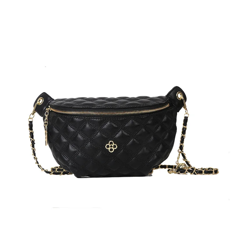 Diamond Lattice Applique Waist Bag Crossbody Chain PU Leather Fanny Pack