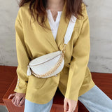 Diamond Lattice PU Leather Chain Waist Bag for Women Wide Belt Strap Crossbody