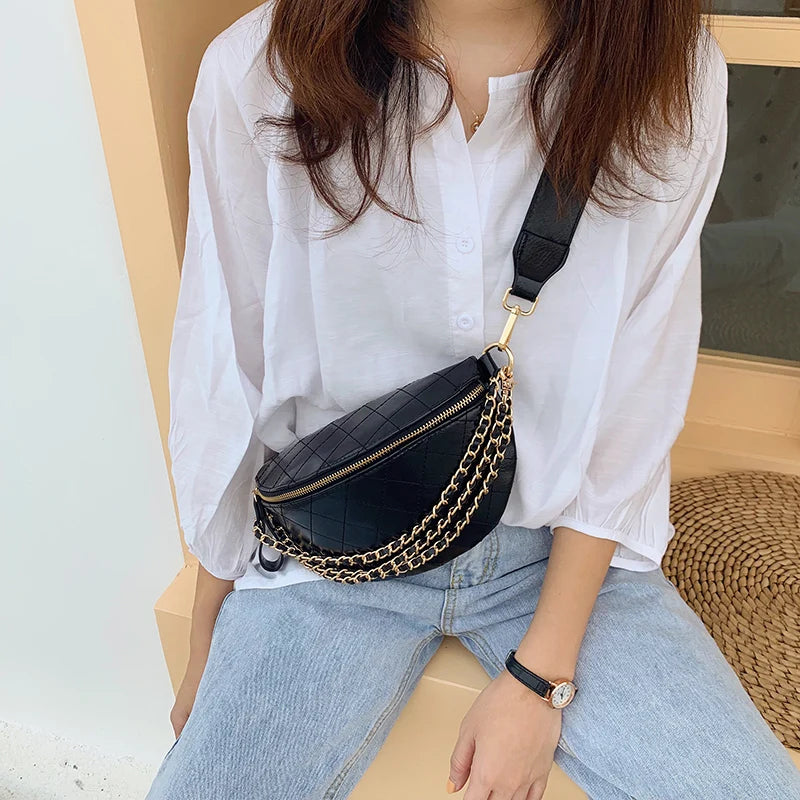 Diamond Lattice PU Leather Chain Waist Bag for Women Wide Belt Strap Crossbody