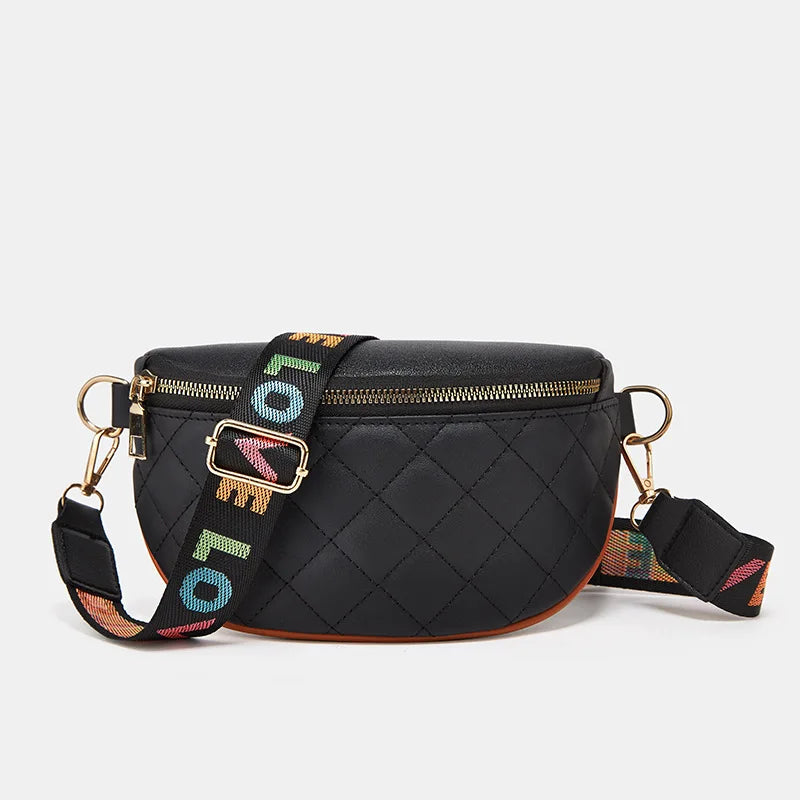Diamond Lattice PU Leather Waist Bag for Women with Colourful Letter Strap
