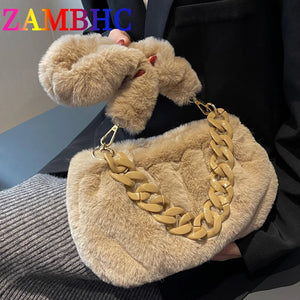 Faux Fur Women's Handbag Soft Plush Shoulder Crossbody Bags Winter Warm