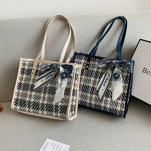Women's Bowknot Shoulder Bag Plaid Pattern Travel Tote Handbag