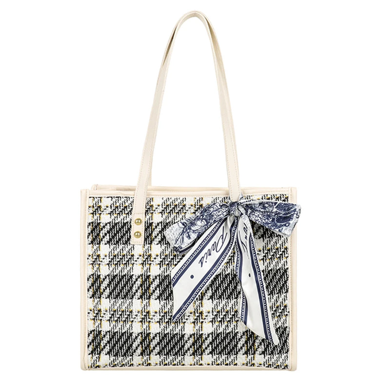 Women's Bowknot Shoulder Bag Plaid Pattern Travel Tote Handbag