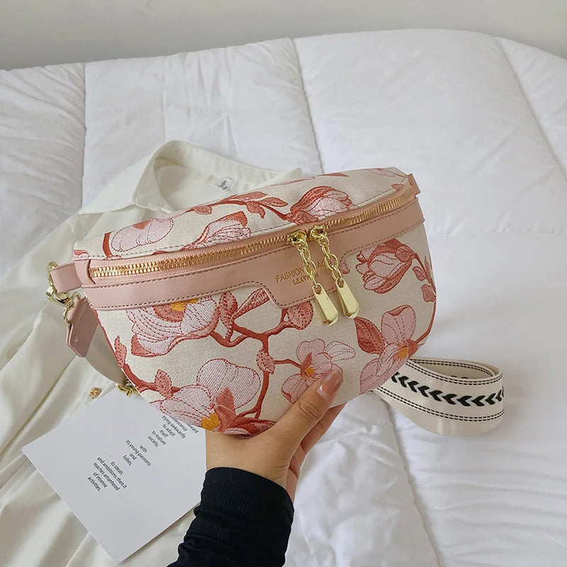 Flower Printed PU Leather Waist Bags For Women
