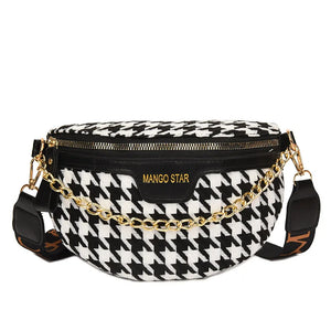 Houndstooth Plaid Chain Waist Bag Stylish Canvas Fanny Pack