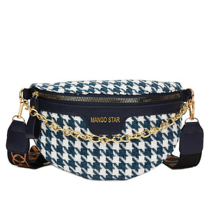 Houndstooth Plaid Chain Waist Bag Stylish Canvas Fanny Pack