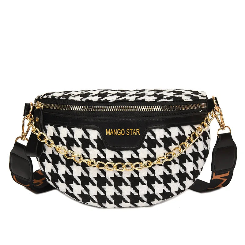 Houndstooth Plaid Chain Waist Bag Canvas Fanny Pack Stylish Crossbody Chest Bag