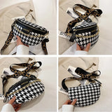 Houndstooth Plaid Chain Waist Bag Canvas Fanny Pack Stylish Crossbody Chest Bag