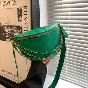 Stylish Plaid PU Leather Waist Bag for Women with Wide Chain Strap