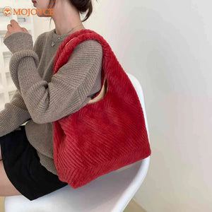 Red Plush Shoulder Bag Women Casual Handbag Tote Bag