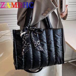Quilted Padded Winter Totes Bag Down Fabric Cotton Shoulder Crossbody Bags