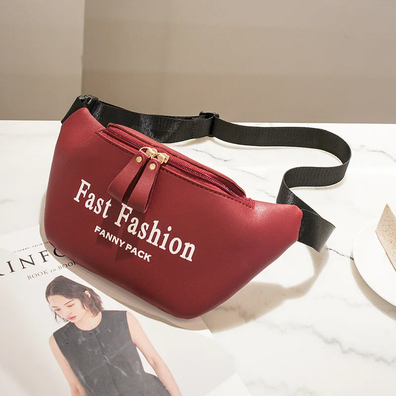 Solid Colour PU Leather Waist Bag For Women Letter Printed Waist Pack