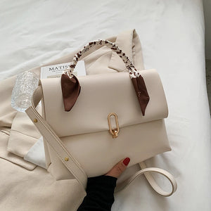 Vintage Silk Scarf Tote Bag PU Leather Women Handbag