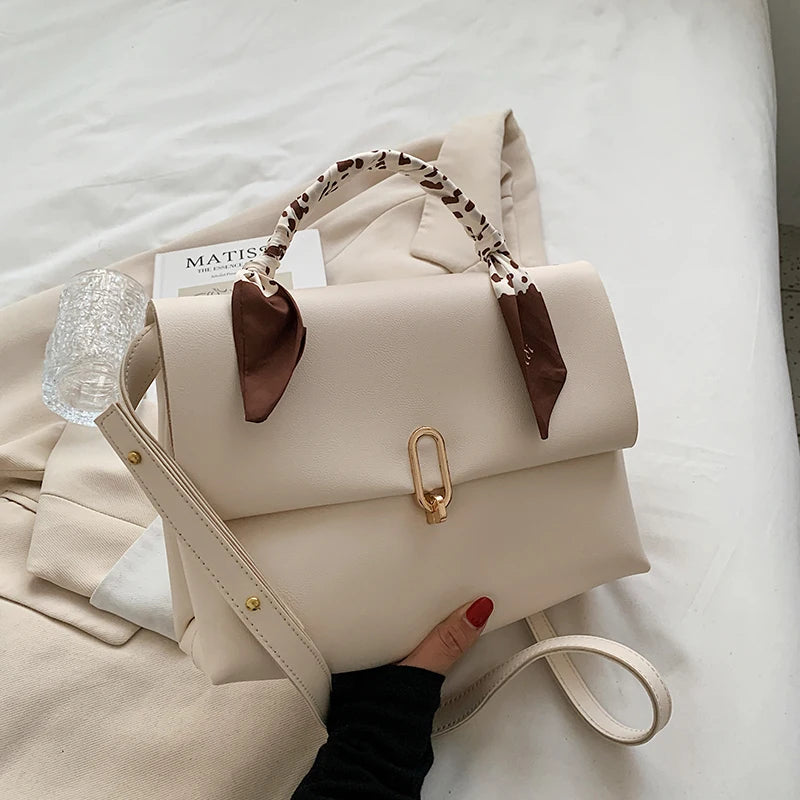 Vintage Silk Scarf Tote Bag PU Leather Women Handbag