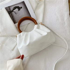 Women Casual Cloud Bag Fold Small Wooden Handle Handbag