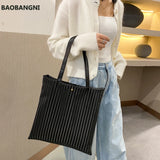 Women Pleated PU Handbags Large Capacity Tote Bags Solid Striped Travel Bag