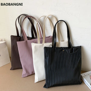 Women Pleated PU Handbags Large Capacity Tote Bags Solid Striped Travel Bag