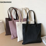 Women Pleated PU Handbags Large Capacity Tote Bags Solid Striped Travel Bag