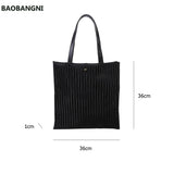 Women Pleated PU Handbags Large Capacity Tote Bags Solid Striped Travel Bag