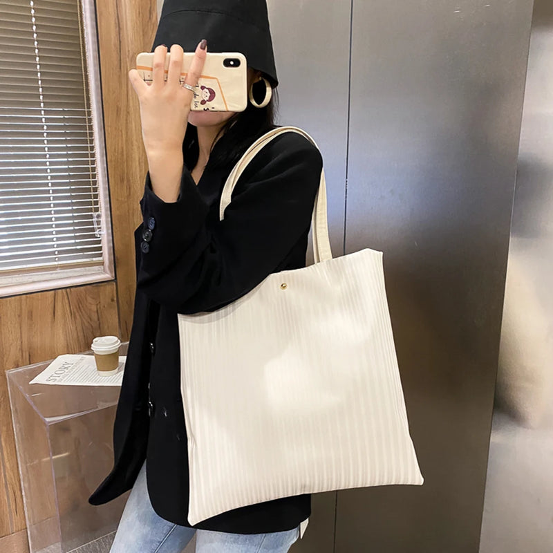 Women Pleated PU Handbags Large Capacity Tote Bags Solid Striped Travel Bag