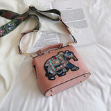Elephant Embroidery Shoulder Bag Women Vintage PU Leather Wide Strap Handbag