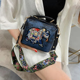 Elephant Embroidery Shoulder Bag Women Vintage PU Leather Wide Strap Handbag