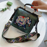 Elephant Embroidery Shoulder Bag Women Vintage PU Leather Wide Strap Handbag