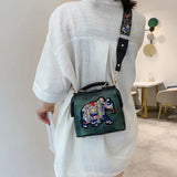 Elephant Embroidery Shoulder Bag Women Vintage PU Leather Wide Strap Handbag