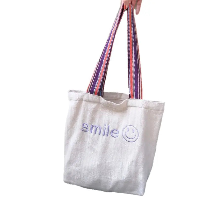 Smiling Face Embroidered Shoulder Handbag Large Capacity Student Shopping Bag