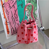 Embroidered Heart Bucket Shoulder Bag Pink Small Messenger Bag