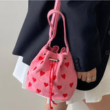 Embroidered Heart Bucket Shoulder Bag Pink Small Messenger Bag