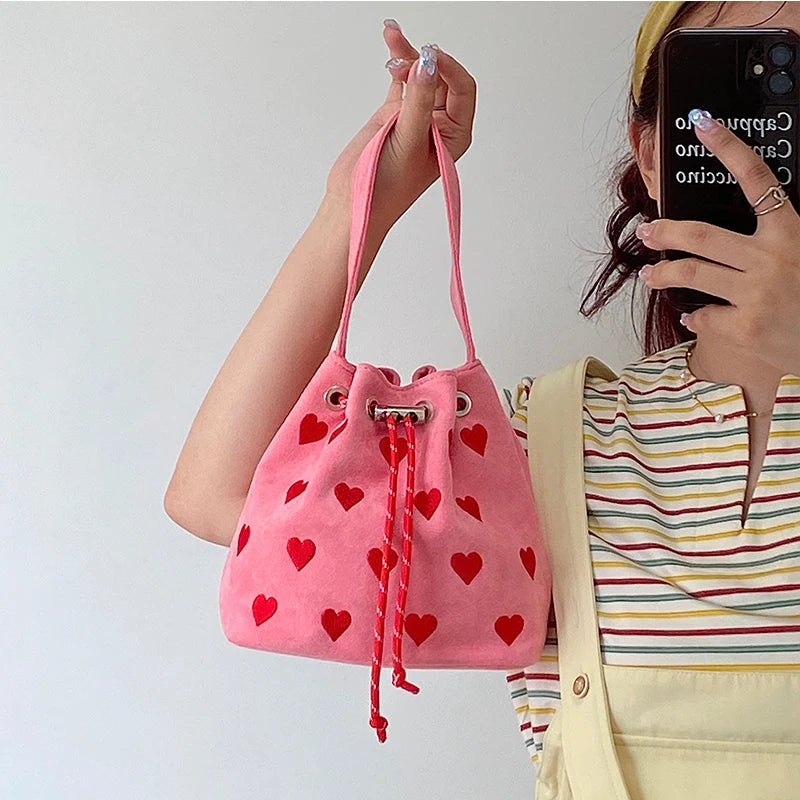 Embroidered Heart Bucket Shoulder Bag Pink Small Messenger Bag