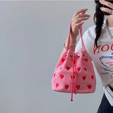 Embroidered Heart Bucket Shoulder Bag Pink Small Messenger Bag