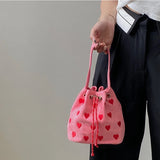 Embroidered Heart Bucket Shoulder Bag Pink Small Messenger Bag