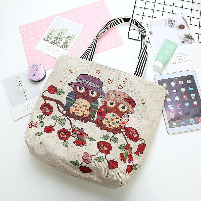 Owl Pattern Shoulder Bag Canvas Handbag for College Students