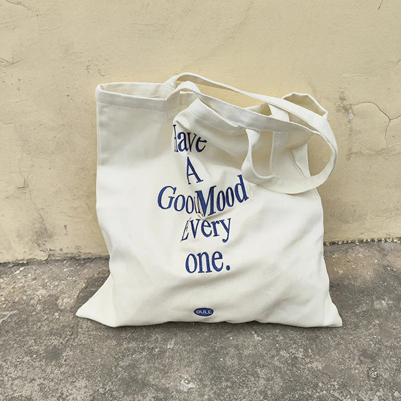 Embroidery Letter Women's Canvas Shoulder Bag Casual Girls Book Tote Handbags