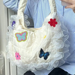 Butterfly Shoulder Bag Retro Flower Quilting Plaid Messenger Bag