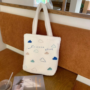 Embroidery Cloud Women's Plush Shoulder Bag Faux Lamb Wool Female Purse