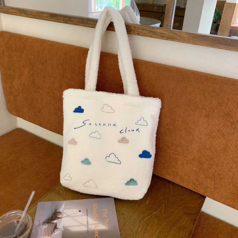 Embroidery Cloud Women's Plush Shoulder Bag Faux Lamb Wool Female Purse